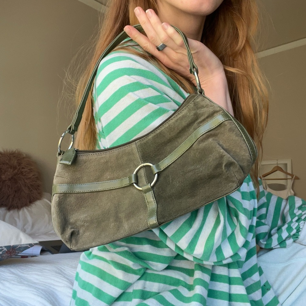 Green suede mini purse with hoop detailing